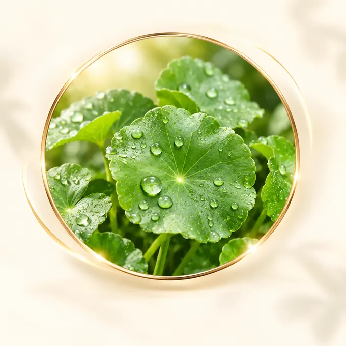 Fresh green Centella asiatica leaves with water droplets.