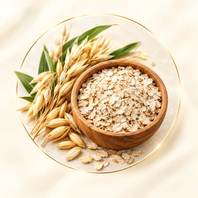 Wooden bowl filled with oats beside natural oat grains.