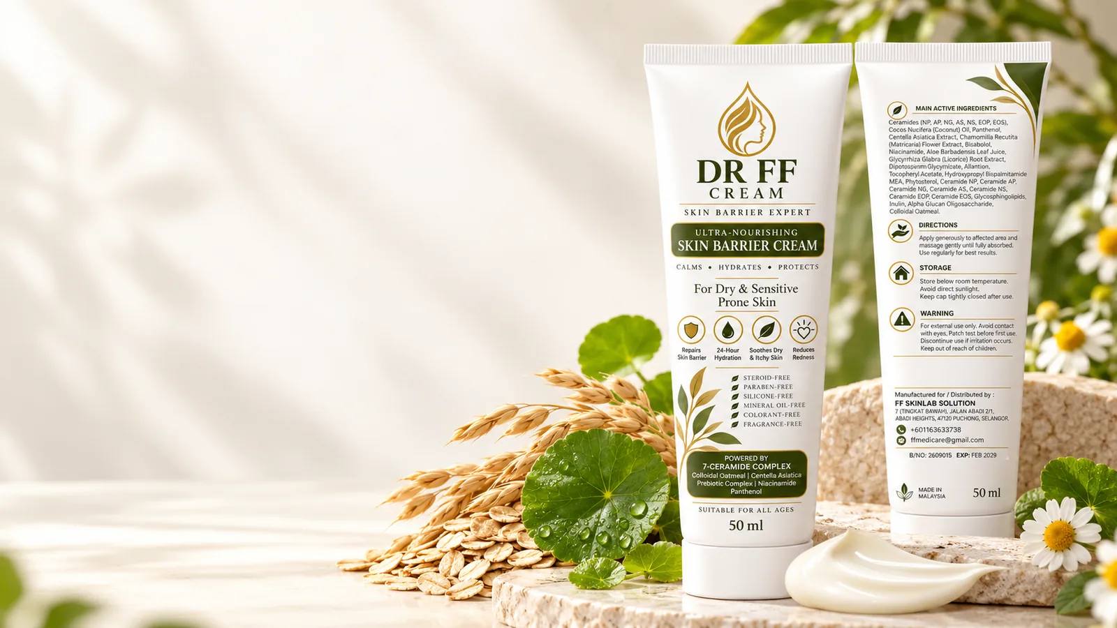 DR FF Cream skin barrier moisturiser with oat and botanical ingredients in a cream-coloured skincare setting.