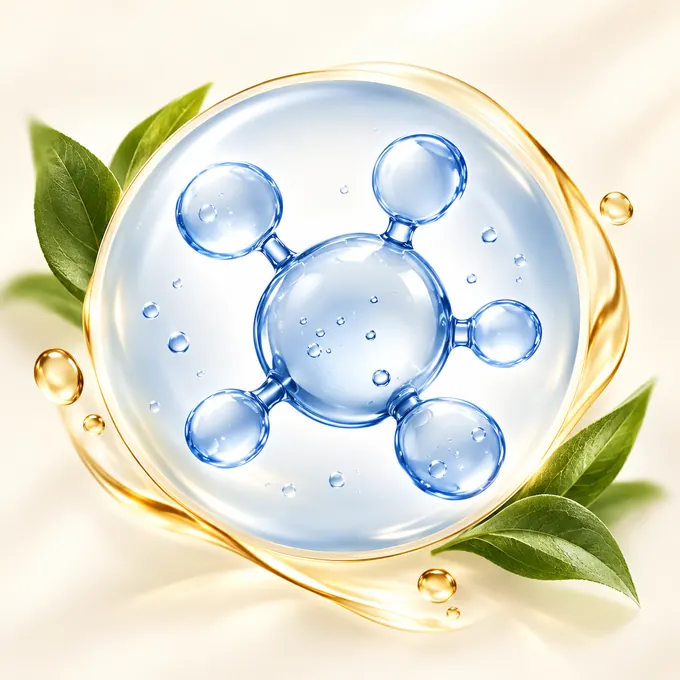 Jelasan molekul di dalam titisan dengan jalur serum keemasan dan daun hijau, mewakili bahan prebiotik dalam DR FF Cream.