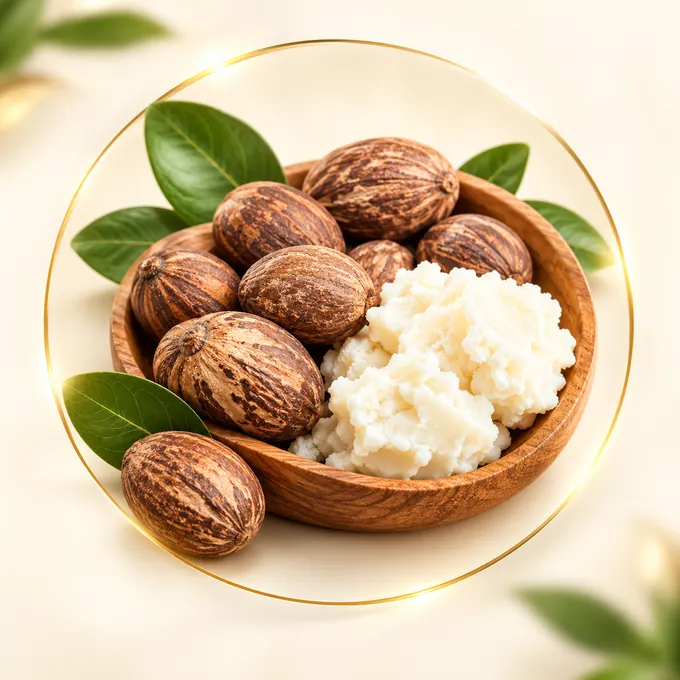 Shea nuts and shea butter in a wooden bowl.